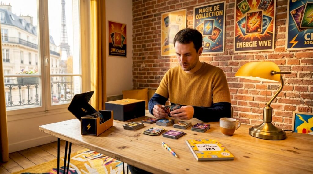 Un passionné de cartes échangeables en pleine séance de tri dans les rues de Paris