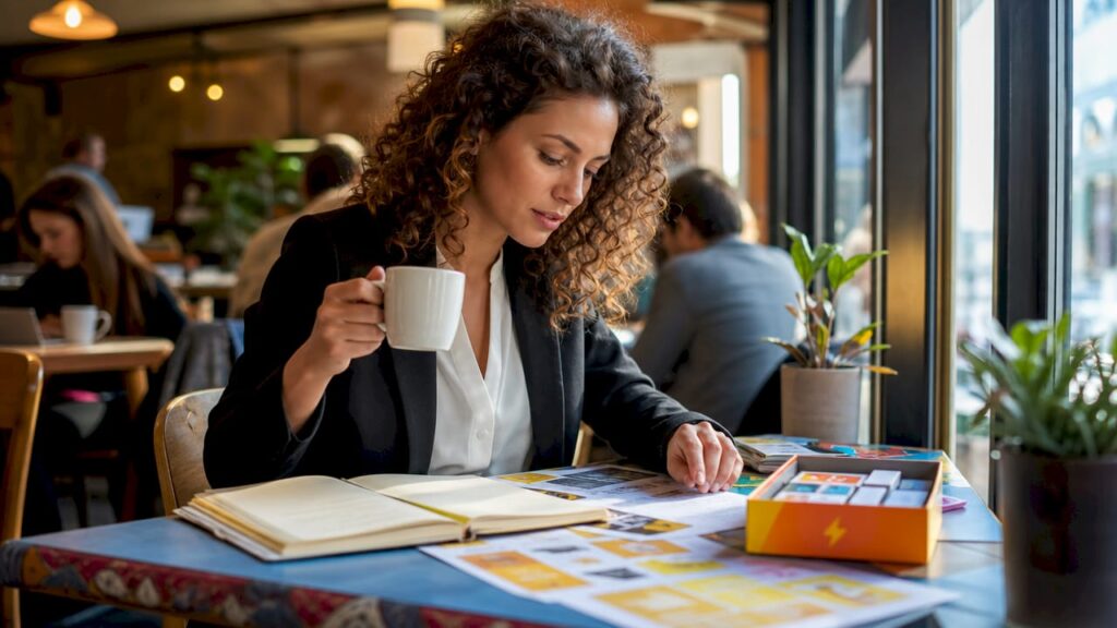 1780841502512Businesswomanreviewingboosterdisplaymarketingmaterials1 JM Cards Une femme daffaires passe en revue les supports marketing pour la mise en avant des boosters en magasin