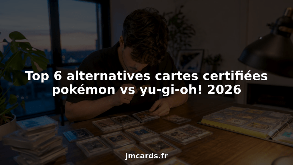 Person at a table sorting Pokémon trading cards laid out in front indoors at dusk jmcardsfr watermark visible
