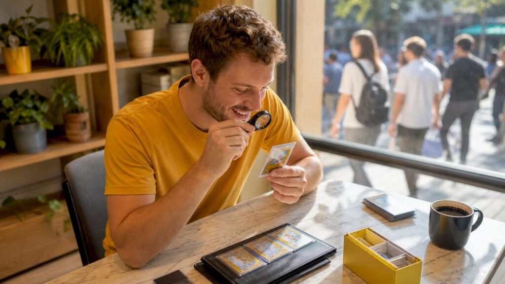 Un collectionneur observe attentivement une carte en édition limitée scrutant chaque détail avec passion