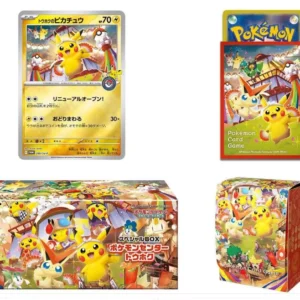 Collage of Pokémon cards and booster boxes featuring Pikachu with colorful artwork and packaging tones of yellow and red