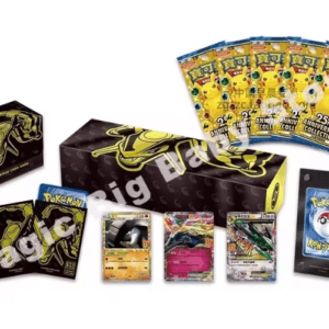 RAYQUAZA JM Cards Pokémon Trading Card Game product set including a black and gold booster box booster packs and sleeves with Pokemon artwork