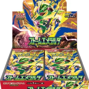 Pokémon Trading Card Game Mega display with a dynamic dragon-like Pokémon and bright yellow lightning artwork; Japanese text on packaging visible.