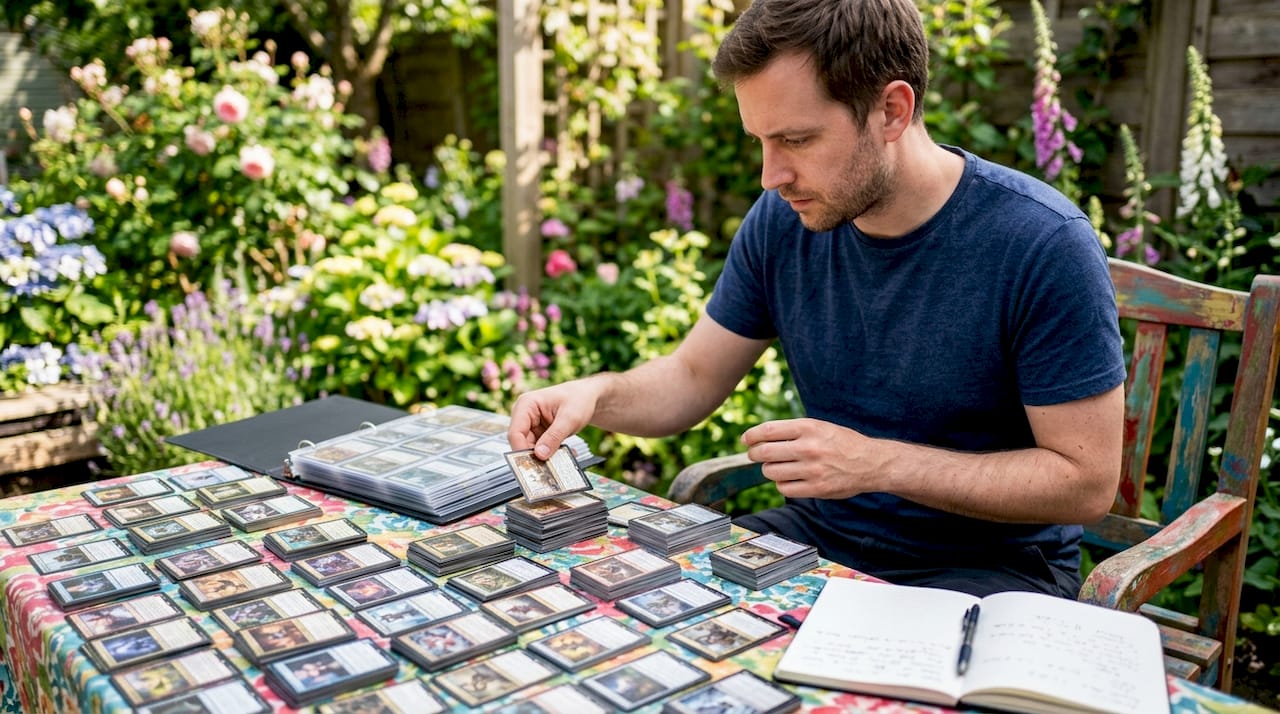 1783043531737PersonnetriantcartesMagicsurtableenbois1 JM Cards Une personne en train de trier ses cartes Magic sur une table en bois
