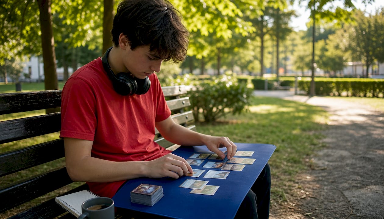 1783214345618Joueurpreparantsonplaymatpourunepartiedecartes JM Cards Un joueur installe son tapis de jeu avant de commencer une partie de cartes