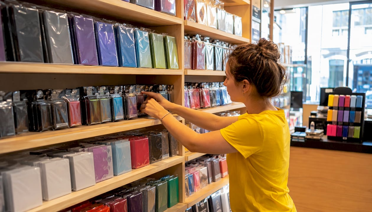 Présentation des différentes marques de pochettes pour cartes disponibles en magasin