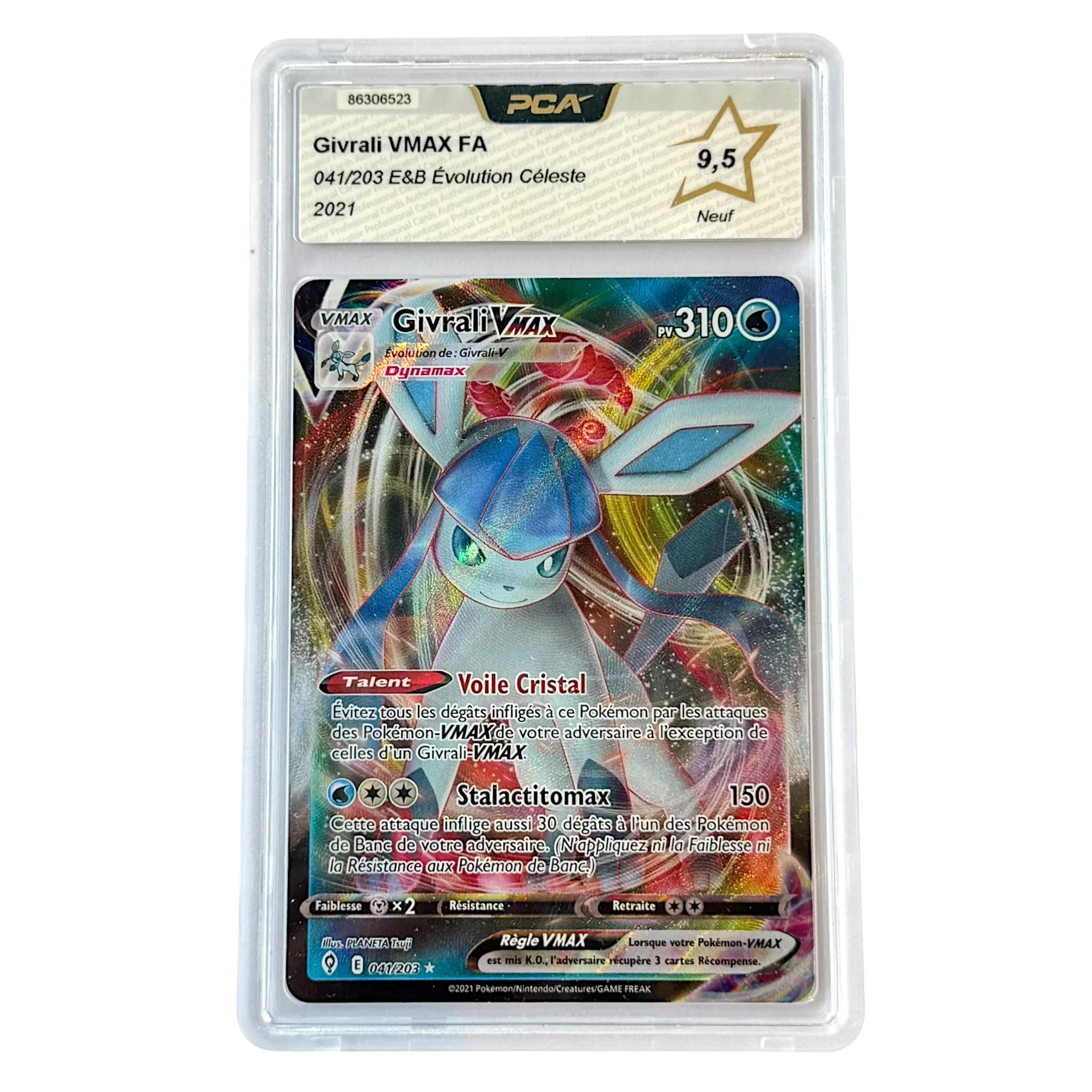 Carte gradée PCA Français Givrali VMAX EB Evolution Céleste JM Cards Pokémon Givrali VMAX FA card in a protective slab with a PSA label reading 95 041203 EB É Evolution Cé leste 2021 and a star icon
