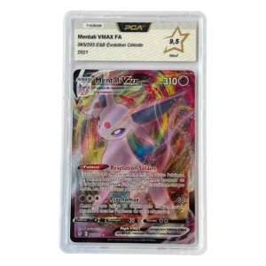 PSA slab containing a Mentali VMAX Pokémon card with colorful holo artwork and 310 HP (French text).