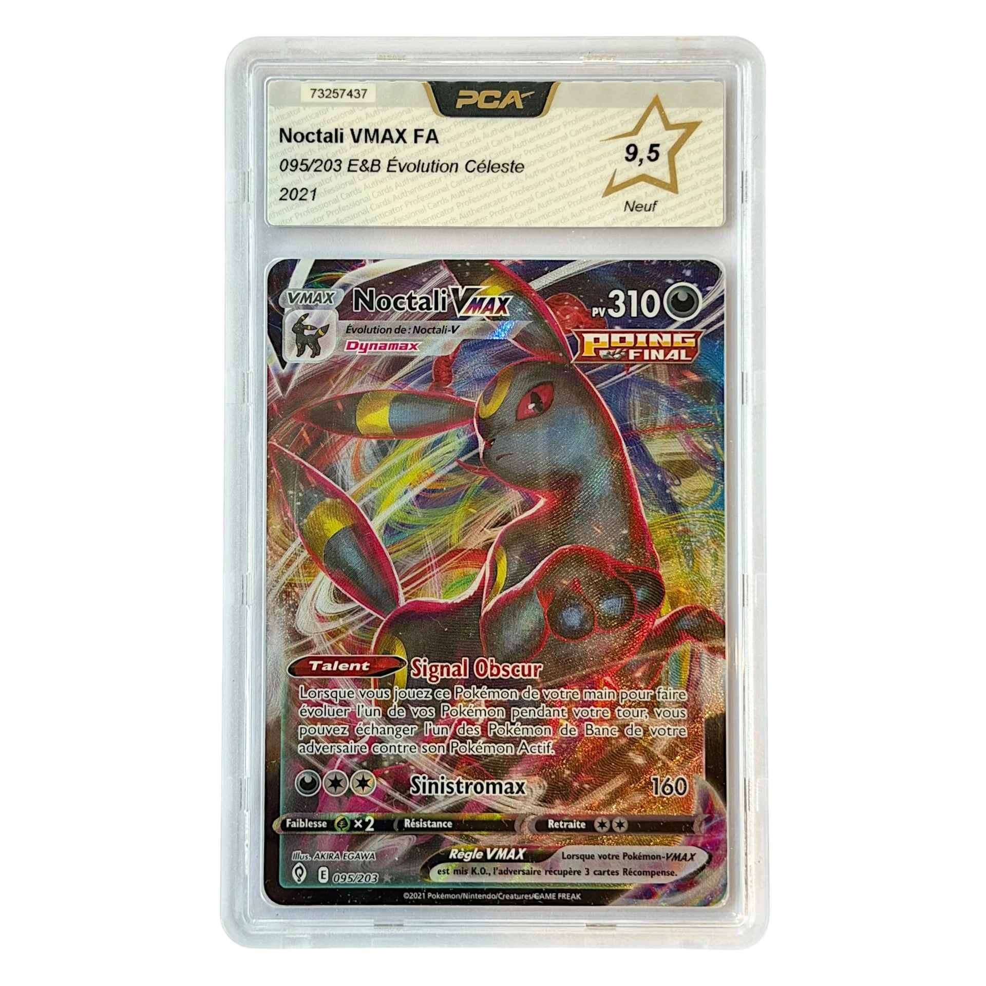 Carte gradée PCA Français Noctali VMAX EB Evolution Céleste JM Cards Pokémon Noctali VMAX FA card in a clear protective case showing the card label and star symbol in the top area