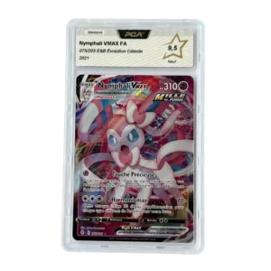 Close-up of a sealed Pokémon card in a plastic case, featuring Nymphali VMAX FA with French text and a star rating seen on the label (9,5).