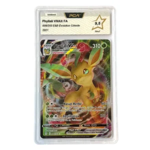 Pokémon card Phyllali VMAX FA in a clear plastic case, grade label shows 9,5 and Neuf, 008/203 Évolution Céleste (2021).