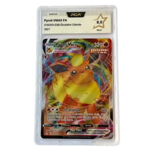 Pokémon Pyroli VMAX FA card in a plastic display case, showing 320 HP and the Move Final/Éclatomax scene in French text, 2021.