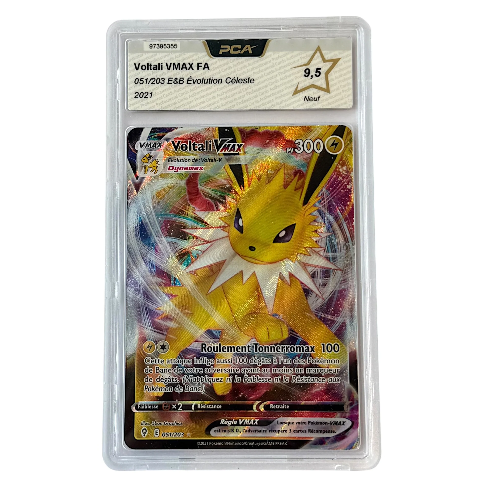 Carte gradée PCA Français Voltali VMAX EB Evolution Céleste JM Cards Front of a Voltal VMAX card in a clear protective case graded 95 with holographic dragon artwork and French text on the card label