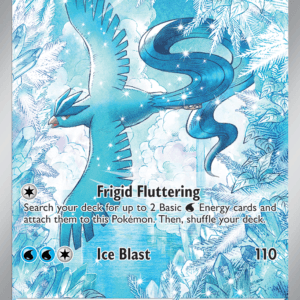 Articuno Pokémon card: basic Ice/Flying with 110 HP; features Frigid Fluttering and Ice Blast (110) with an icy blue backdrop.