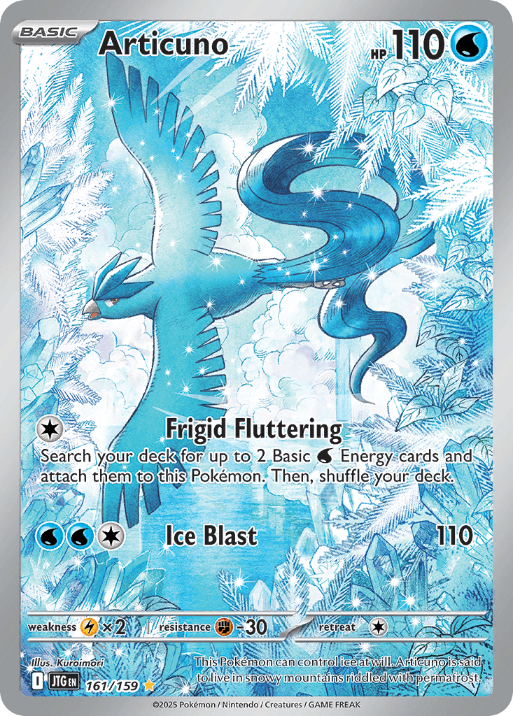 Articuno Pokémon card: basic Ice/Flying with 110 HP; features Frigid Fluttering and Ice Blast (110) with an icy blue backdrop.