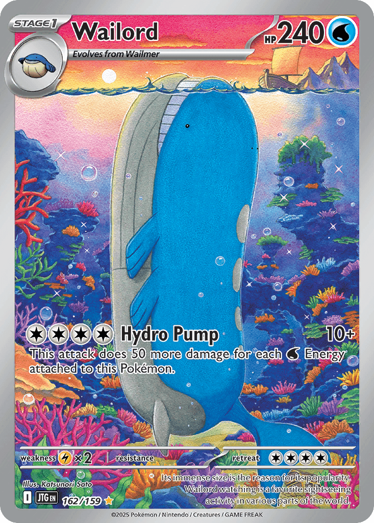 Stage 1 Pokémon card: Wailord with 240 HP, blue whale-like Pokemon in an underwater coral reef, attacking Hydro Pump.