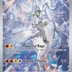 N's Reshiram Pokémon card: a white dragon with a trainer perched on its back, set against a icy, dynamic background; 130 HP and two attacks: Powerful Rage and Virtuous Flame.
