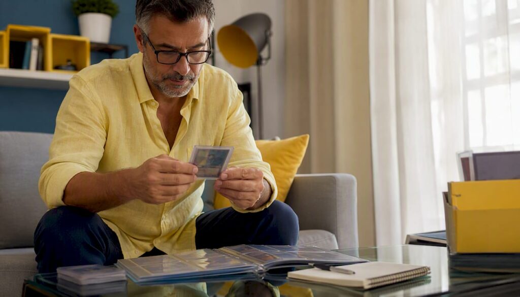 1785532346932Collectorexaminingamintconditioncard JM Cards Un collectionneur en train dexaminer une carte parfaitement conservée