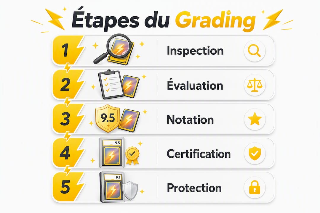 Découvrez en un coup d’œil les différentes étapes d’évaluation d’une carte à l’état neuf grâce à notre infographie explicative.