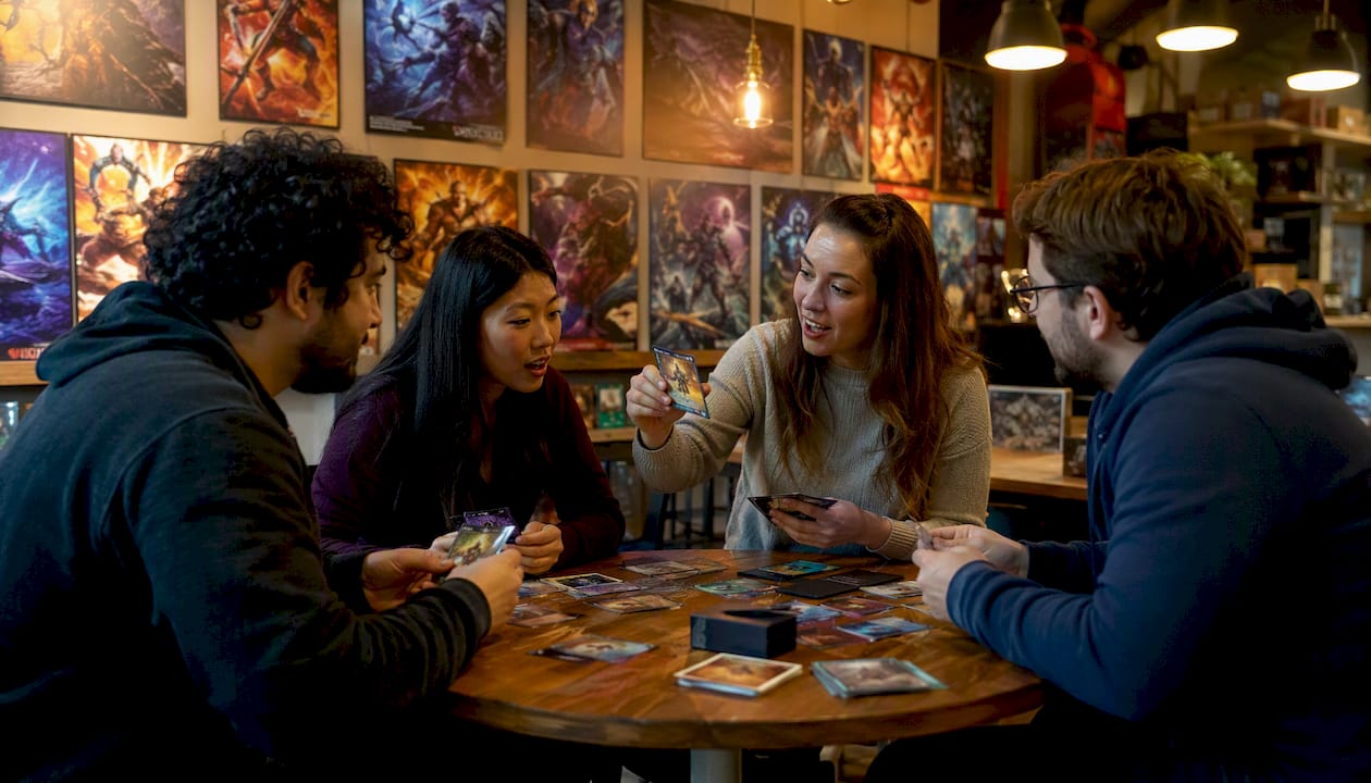 Trois amis en pleine discussion autour de leur stratégie pour un jeu de cartes à collectionner.