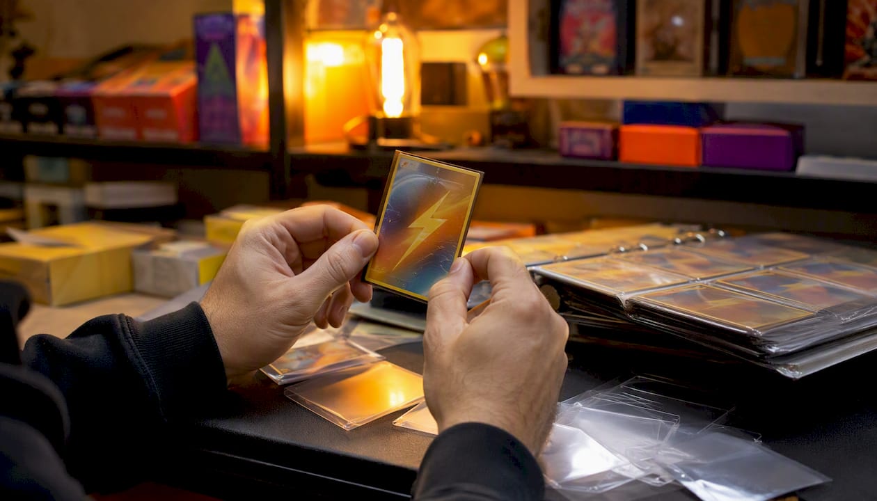 Un collectionneur examine minutieusement une carte à jouer pour en vérifier l’état et la rareté.
