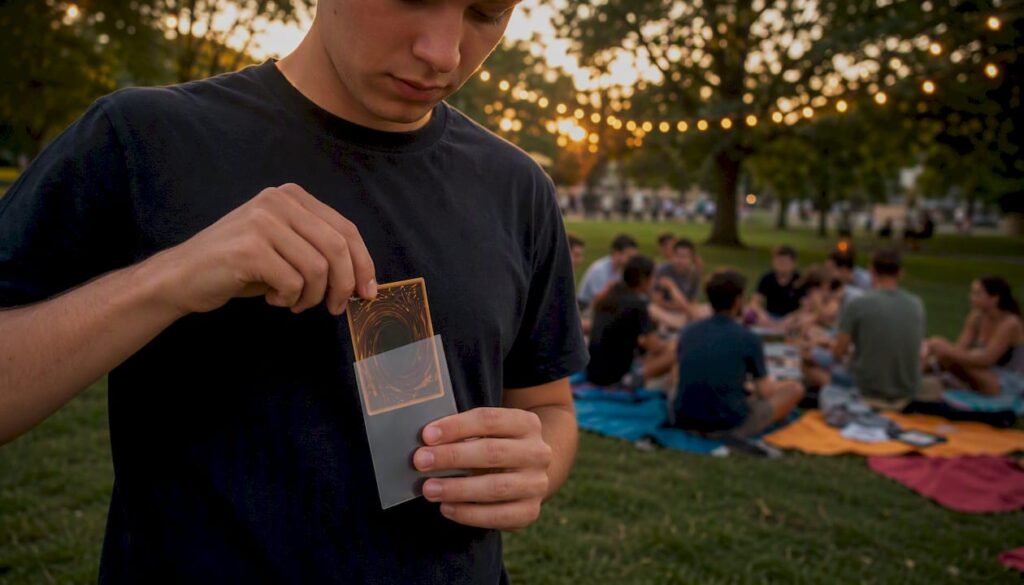 Une main en train dinsérer une carte TCG dans une pochette de protection