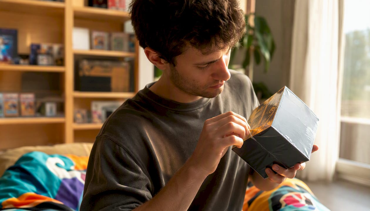 Un collectionneur examine attentivement une boîte Pokémon encore sous scellé.