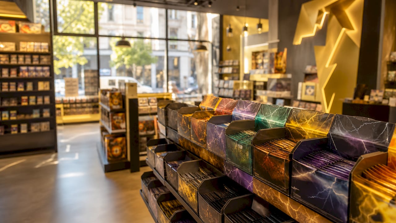 Présentation des coffrets Pokémon ETB dans une boutique spécialisée en cartes à collectionner.