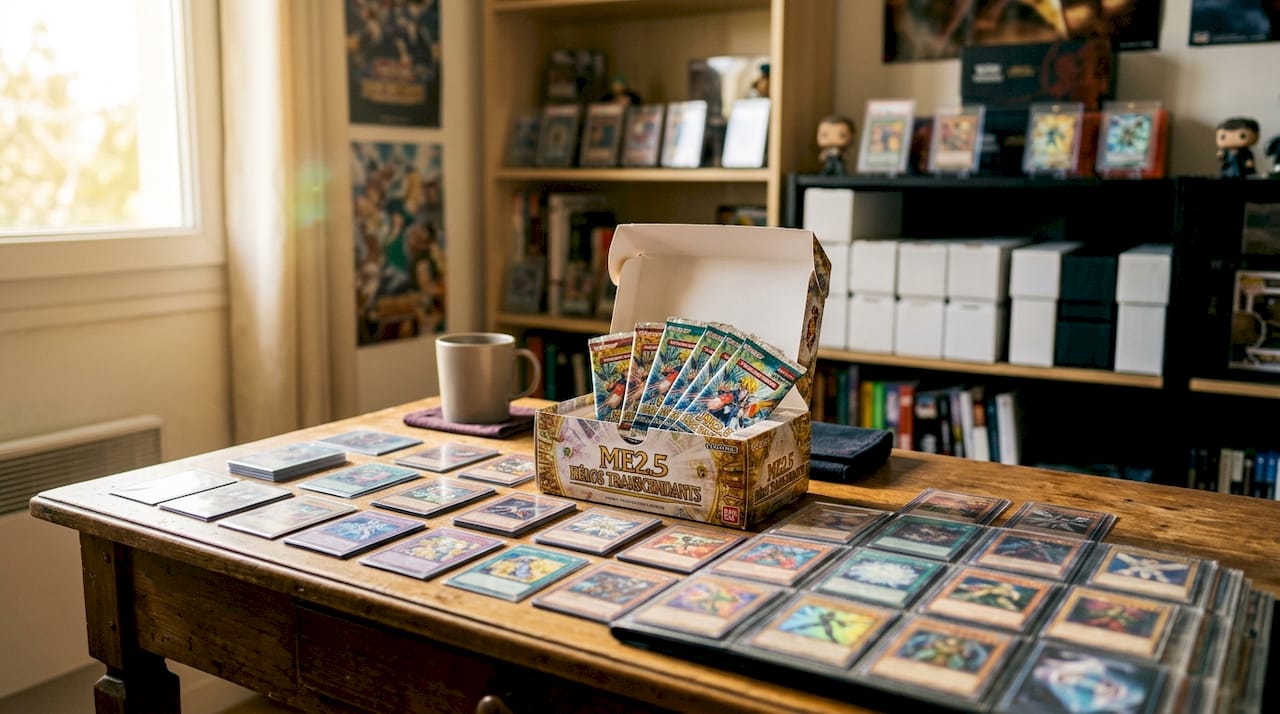 Des cartes Pokémon déballées et une boîte de boosters ouverte sont posées sur le bureau.