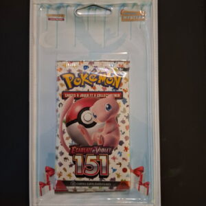 Light blue blister pack containing a Pokémon trading card booster labeled 151, with Pokémon artwork on the front and pocket monsters branding.