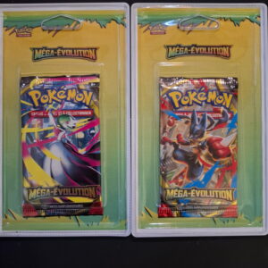 Two Pokémon Mega-Evolution booster packs in yellow packaging displayed side by side, each containing a Pokémon trading card booster.