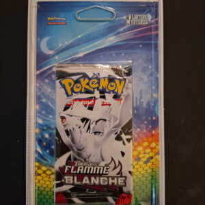 Blister pack with Pokémon card booster artwork and a small Pokémon card set titled ‘Flame’ visible through the plastic case.