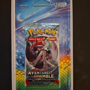 Pokémon trading card booster pack inside a clear plastic blister on a blue space-themed card backing.