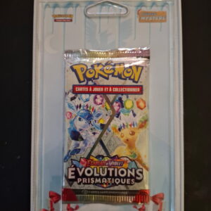 Product packaging for a Pokémon Trading Card Game Evolutions set, sealed in clear plastic with a blue background and red ribbon accents (French text on package).