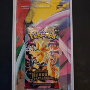 Colorful Pokémon trading card booster pack in a clear plastic case, showing the Pokémon logo and bright graphics.