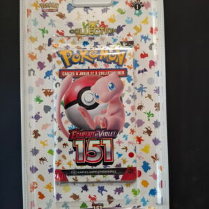 Packaging for a Pokémon Trading Card Game collection set on a white backing with colorful Pokémon silhouettes and the word COLLECTION, includes a Pikachu-related promo card and 151 label in the design.