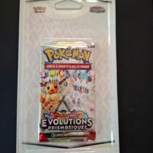 Plastic-wrapped Pokemon Trading Card booster pack inside a display case, titled Evolutions Prismatiques/Cartes à jouer et à collectionner (10 extra cards).