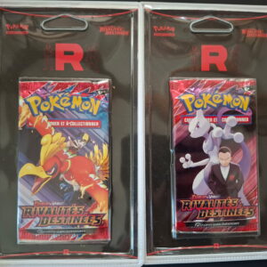 Two Pokémon trading card booster packs in protective sleeves, placed side by side in a binder, each featuring bold red 'R' logos and colorful artwork on the front