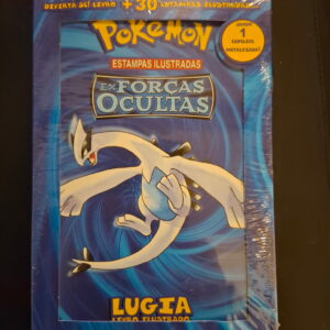 Blue Pokémon illustrated stamps book cover featuring a dragon-like Lugia and the Pokémon logo.