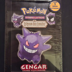 Front cover of a Pokémon Estampas Ilustradas book featuring a purple Gengar illustration on a dark background.