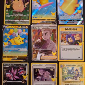 Collection of yellow-bordered Pokémon cards featuring Pikachu illustrations arranged in a grid display.