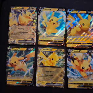 Row of holographic Pikachu EX trading cards laid out in a binder, each card showing Pikachu with 190 HP and electric attacks.