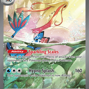 Milotic EX Pokémon card: Sparkling Scales ability and 160 HP attack Hypno Splash; evolves from Feebas, stage 1 EX card with water typing and vibrant artwork.