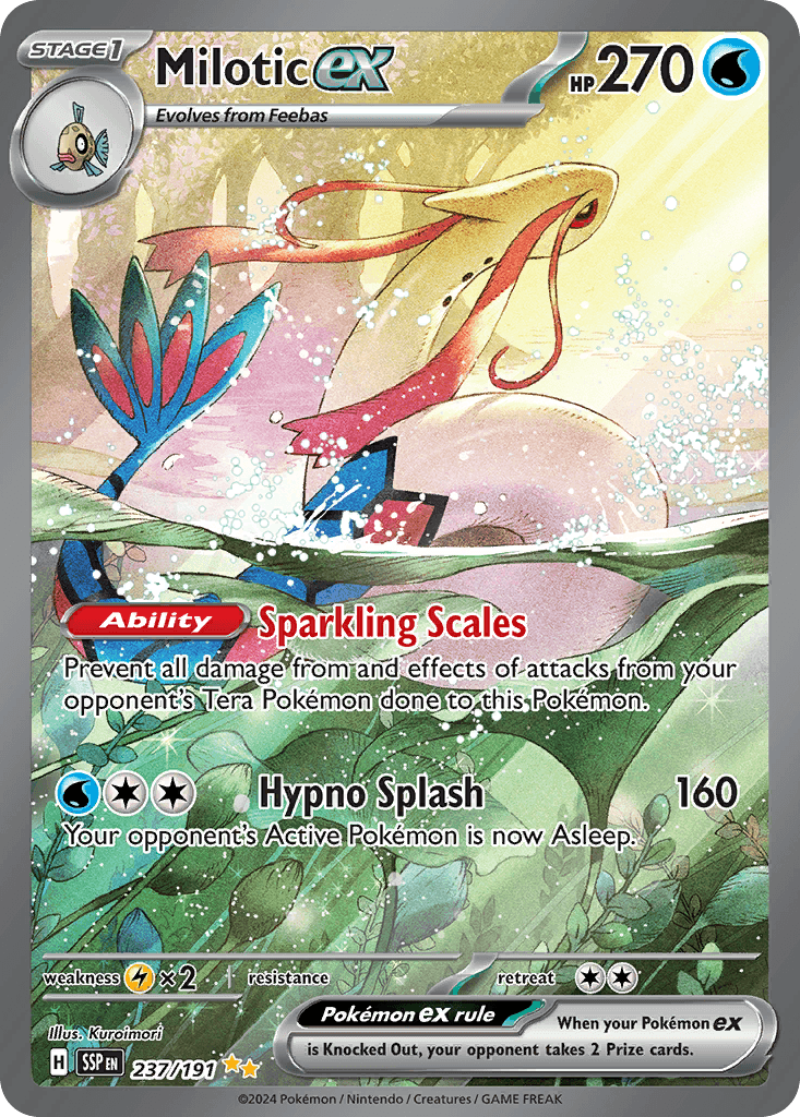 Milotic EX Pokémon card: Sparkling Scales ability and 160 HP attack Hypno Splash; evolves from Feebas, stage 1 EX card with water typing and vibrant artwork.