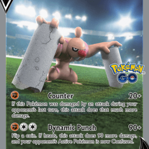 Conkeldurr V Pokémon card on a stadium field, 230 HP, showing its two moves Counter and Dynamic Punch with relevant effects text partially visible.