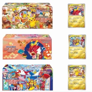 Colorful collage showing three Pokémon Center Special Box sets with Pikachu and friends on the left and three Pokémon trading cards on the right.