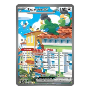 Pokémon card featuring Tapatoès ex with blue sky and colorful parrots on a rooftop; HP 160, Talent Tapage et Prise (French).