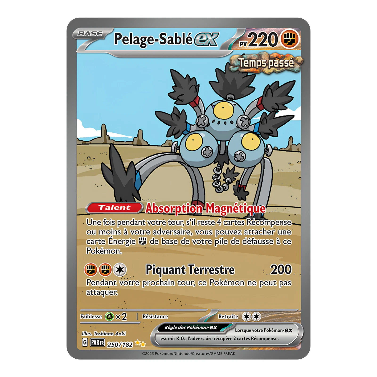 Carte Pokémon-ex Pelage-Sablé ex avec attaque Piquant Terrestre et texte en français sur fond désertique de jeu