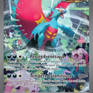 Pokémon EX card: Rugit-Lune ex, a blue dragon with red wings, HP 230; shows its two attacks, Percée Frénétique and Tempête Calamiteuse.