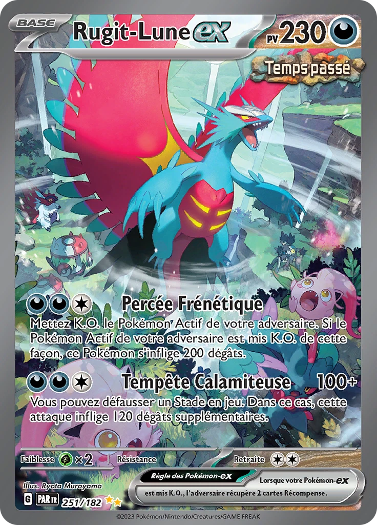 Pokémon EX card: Rugit-Lune ex, a blue dragon with red wings, HP 230; shows its two attacks, Percée Frénétique and Tempête Calamiteuse.